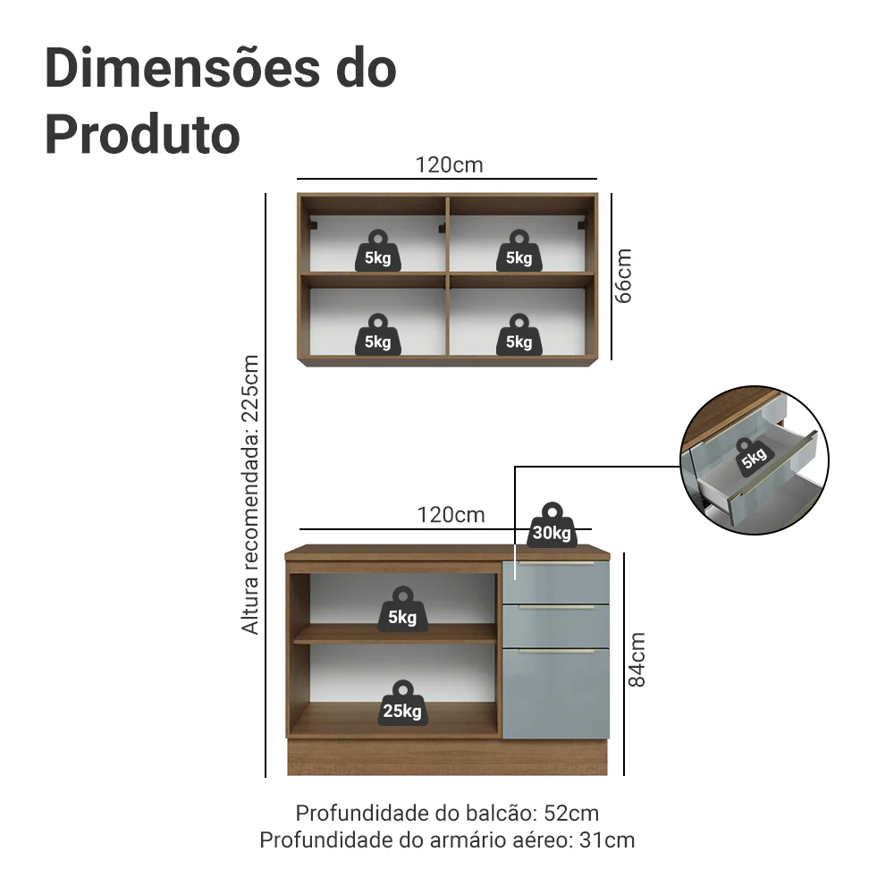 Armário de Cozinha Compacta 120 cm Rustic/Cinza Lux Madesa 01 - Image 3