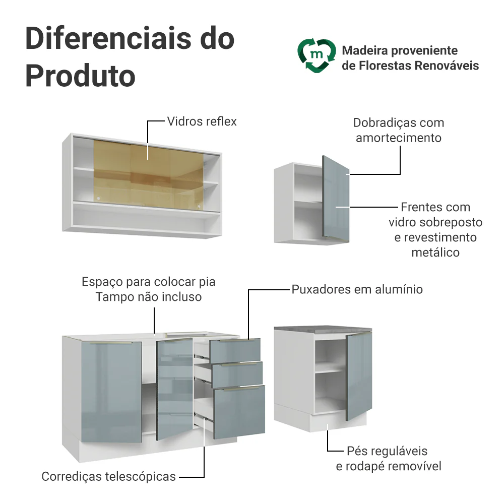 Armário de Cozinha Compacta 180 cm Branco/Cinza Lux Madesa 04 - Image 4