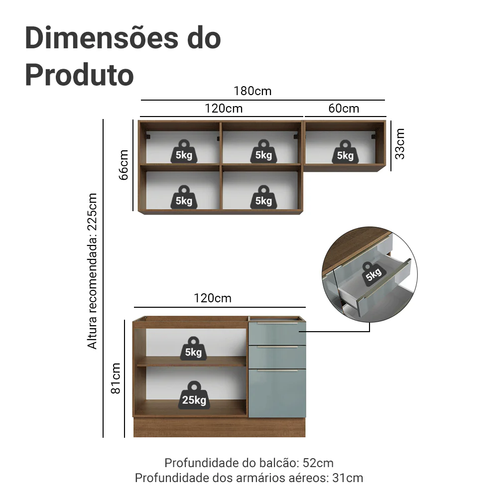 Armário de Cozinha Compacta 180 cm Rustic/Cinza Lux Madesa 02 - Image 3