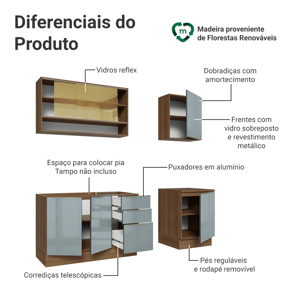 Armário de Cozinha Compacta 180 cm Rustic/Cinza Lux Madesa 04 - Image 4