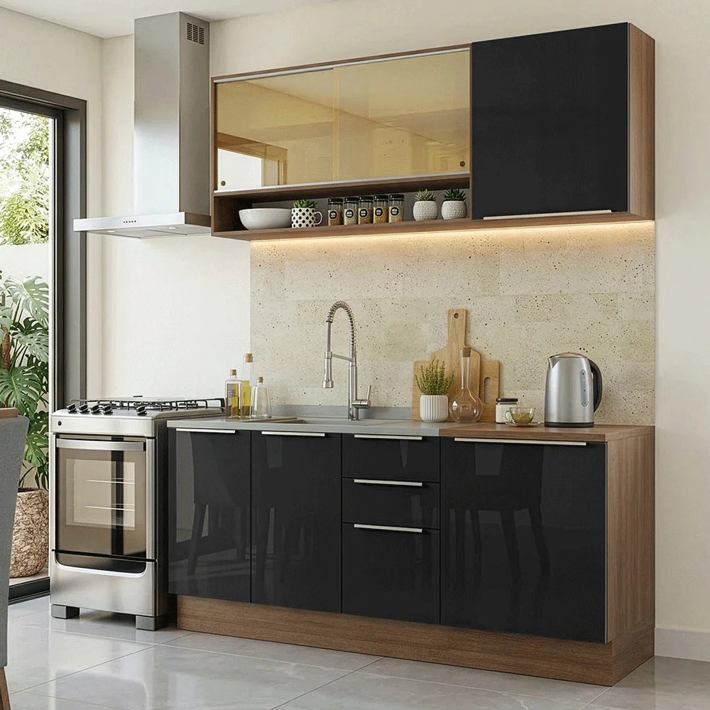 Armário de Cozinha Compacta 180 cm Rustic/Preto Lux Madesa 04