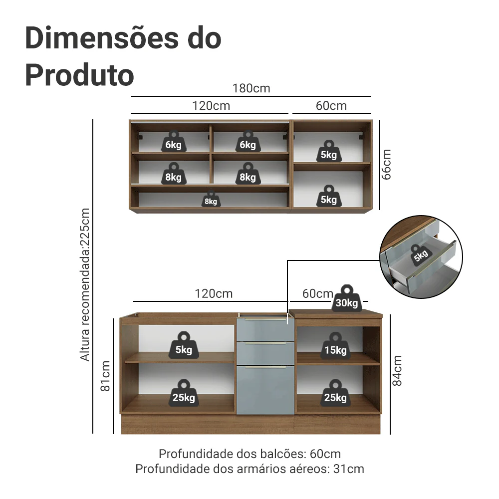 Armário de Cozinha Compacta 180 x 60 cm Rustic/Cinza Lux Madesa 05 - Image 3