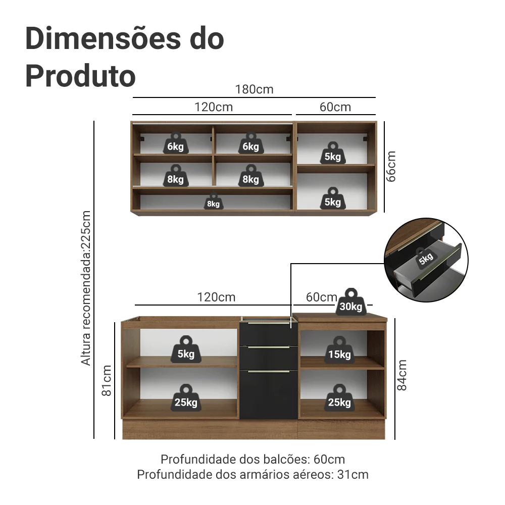 Armário de Cozinha Compacta 180 x 60 cm Rustic/Preto Lux Madesa 05 - Image 3