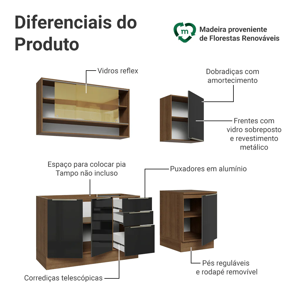 Armário de Cozinha Compacta 180 x 60 cm Rustic/Preto Lux Madesa 05 - Image 4