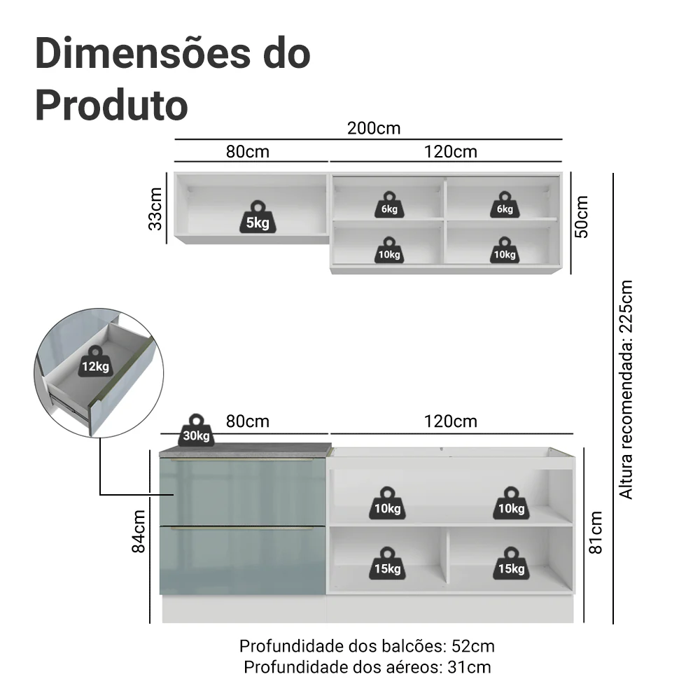 Armário de Cozinha Compacta 200 cm Branco/Cinza Lux Madesa 07 - Image 3