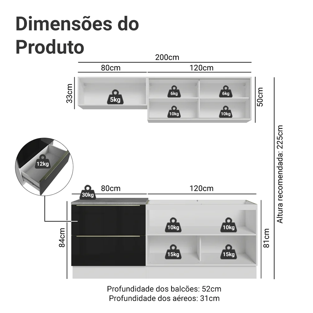 Armário de Cozinha Compacta 200 cm Branco/Preto Lux Madesa 07 - Image 3