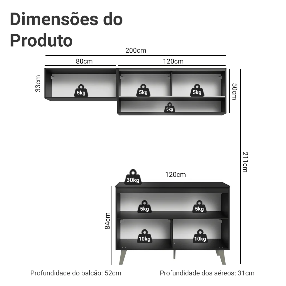 Armário de Cozinha Compacta 200 cm Preto Nice Madesa 09 - Image 3