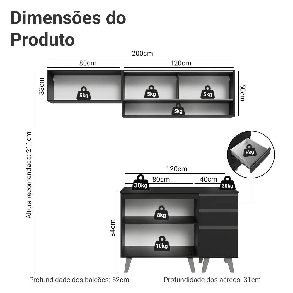 Armário de Cozinha Compacta 200 cm Preto Nice Madesa 13 - Image 3