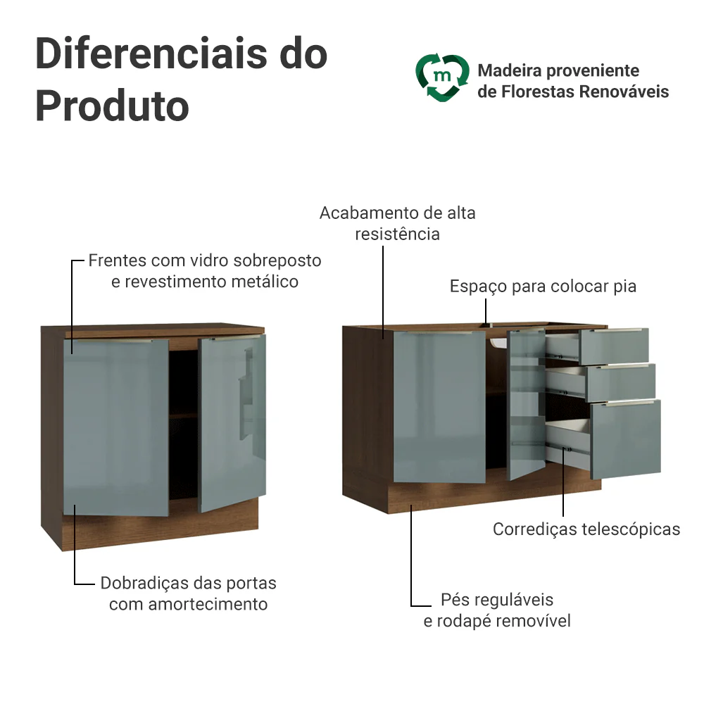 Armário de Cozinha Compacta 200 cm Rustic/Cinza Lux Madesa 05 - Image 4