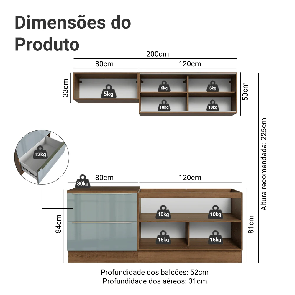 Armário de Cozinha Compacta 200 cm Rustic/Cinza Lux Madesa 07 - Image 3