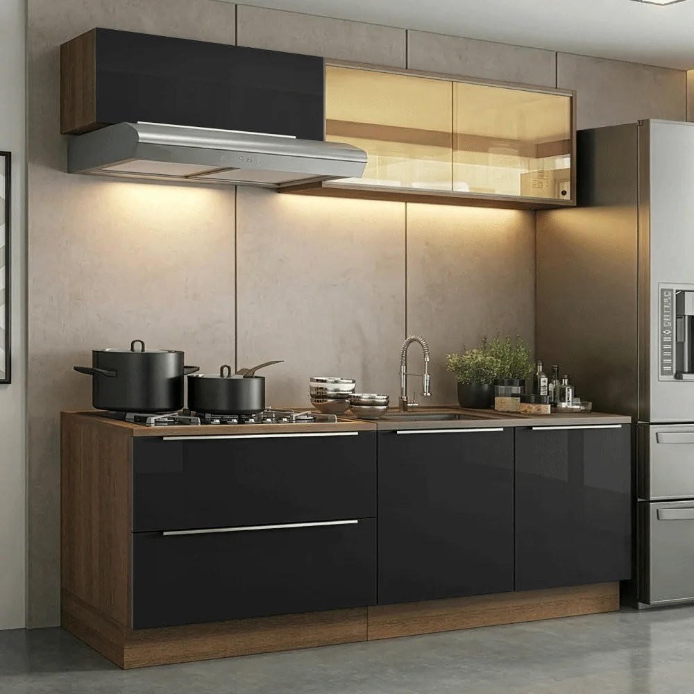Armário de Cozinha Compacta 200 cm Rustic/Preto Lux Madesa 07