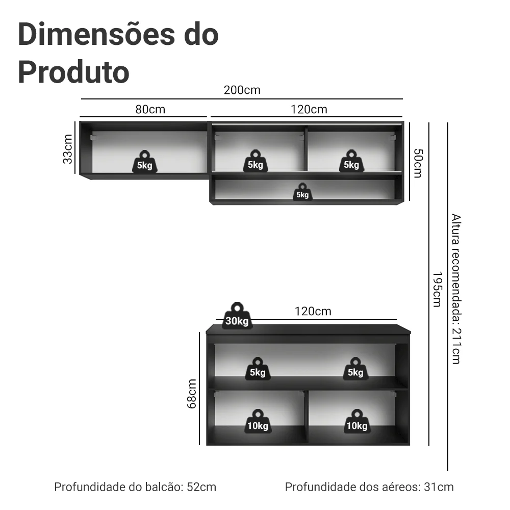 Armário de Cozinha Compacta 200 cm Suspenso Preto Nice Madesa 07 - Image 2