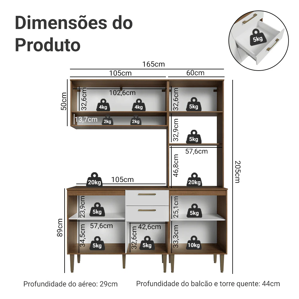 Armário de Cozinha Completa Lille 165 cm Rustic/Branco Madesa 01 - Image 3