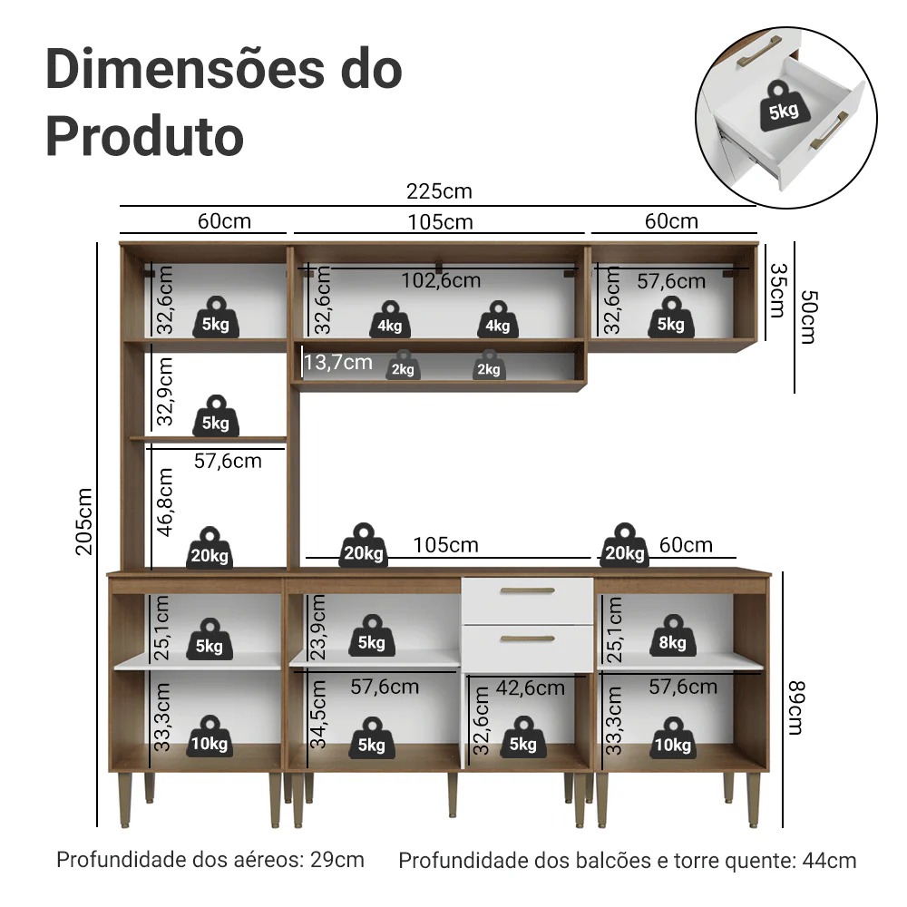 Armário de Cozinha Completa 225 cm Rustic/Branco Lille Madesa 01 - Image 3