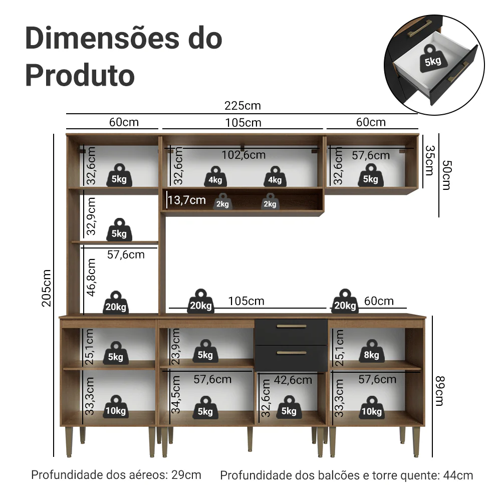 Armário de Cozinha Completa 225 cm Rustic/Preto Lille Madesa 01 - Image 3