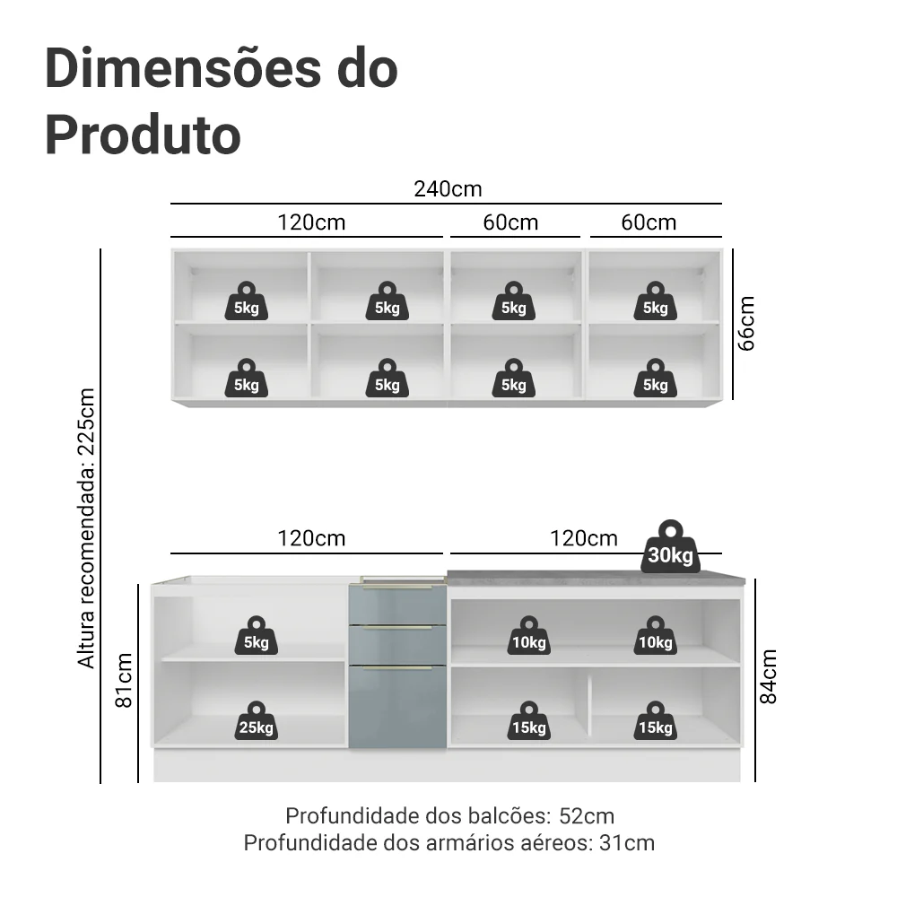 Armário de Cozinha Completa 240 cm Branco/Cinza Lux Madesa 09 - Image 3