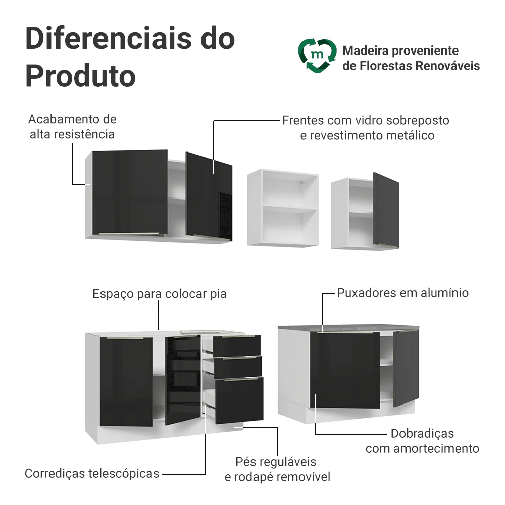 Armário de Cozinha Completa 240 cm Branco/Preto Lux Madesa 09 - Image 4