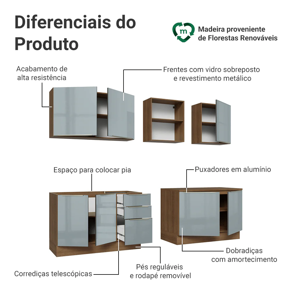 Armário de Cozinha Completa 240 cm Rustic/Cinza Lux Madesa 09 - Image 4