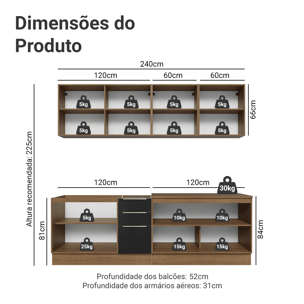 Armário de Cozinha Completa 240 cm Rustic/Preto Lux Madesa 09 - Image 3