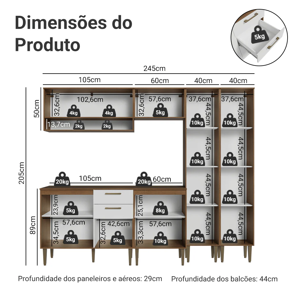 Armário de Cozinha Completa 245 cm Rustic/Branco Lille Madesa 01 - Image 3