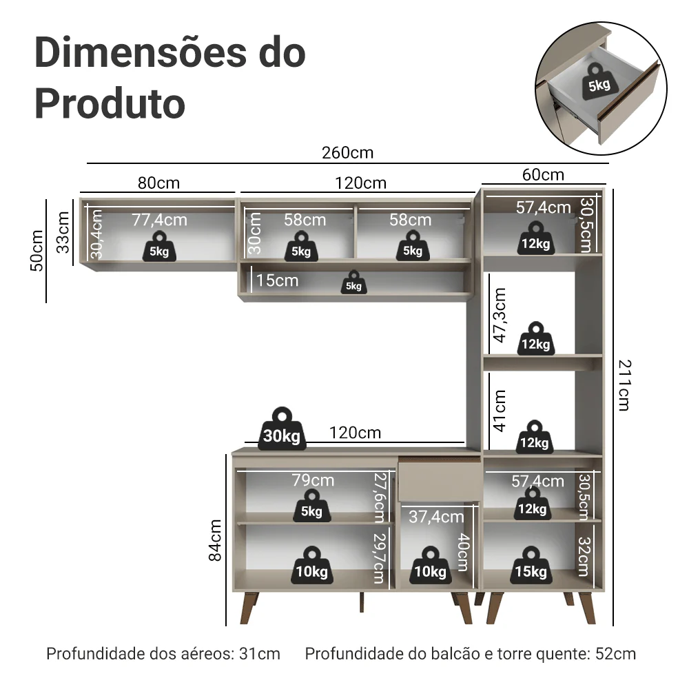 Armário de Cozinha Completa 260 cm Crema Nice Madesa 03 - Image 3