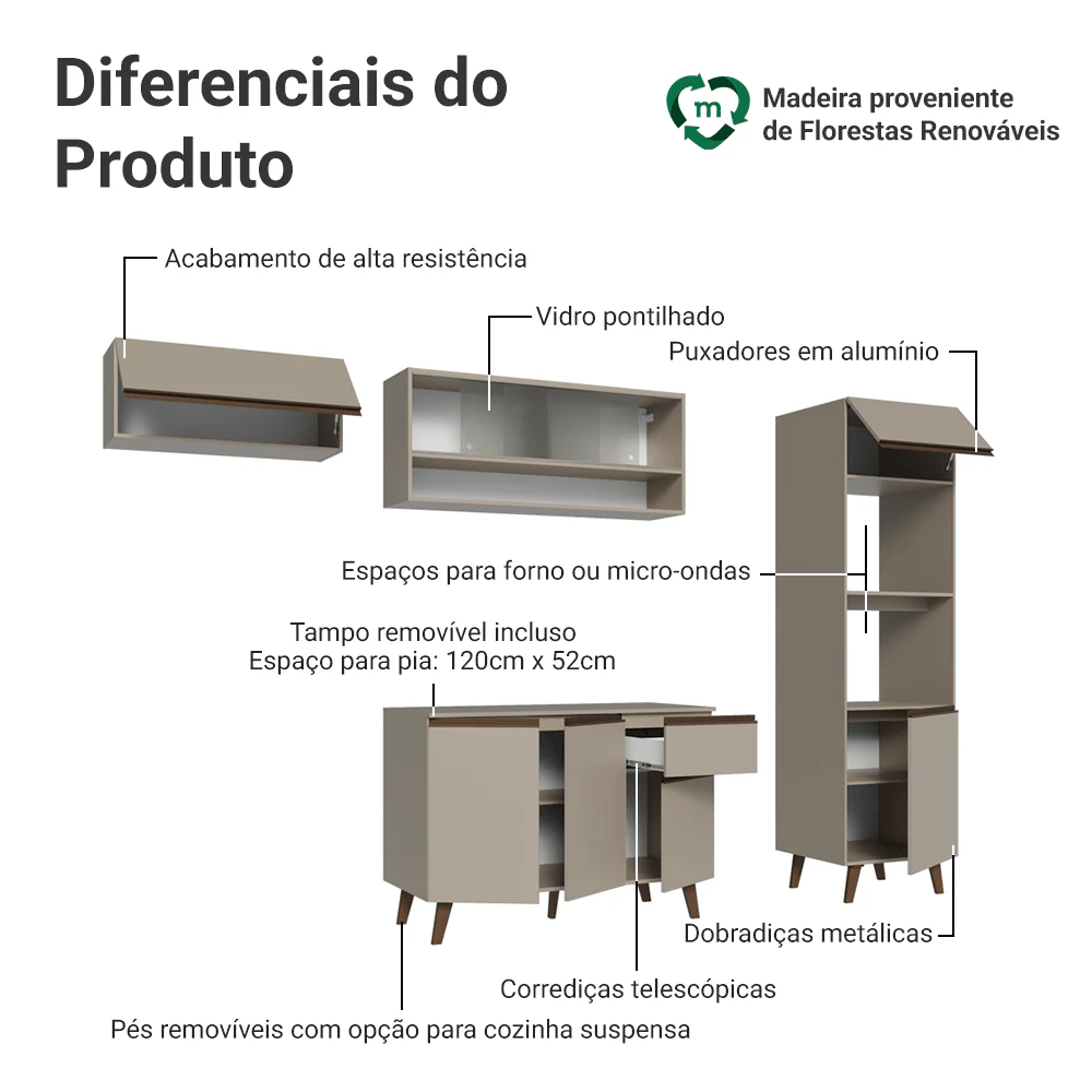 Armário de Cozinha Completa 260 cm Crema Nice Madesa 04 - Image 4
