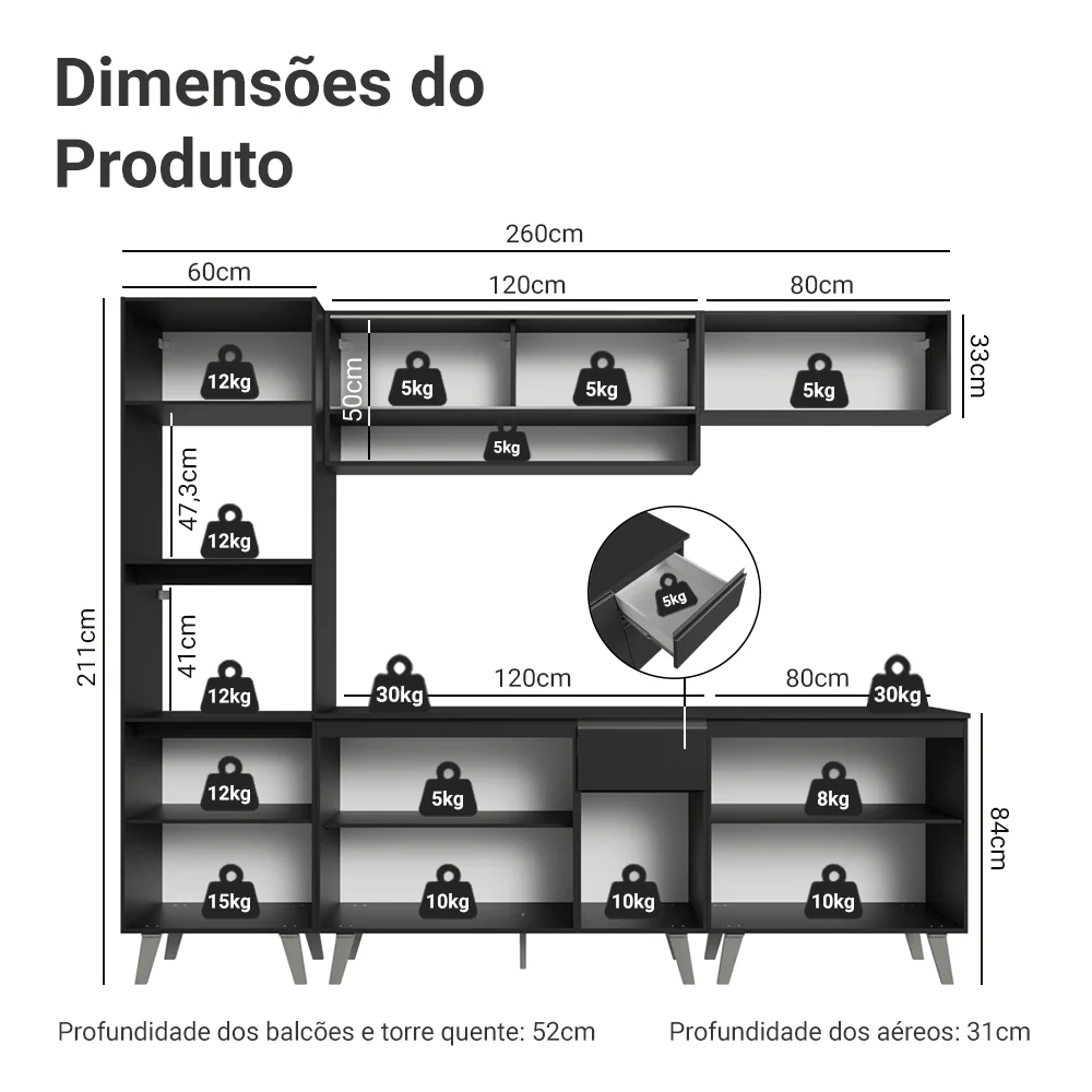 Armário de Cozinha Completa 260 cm Preto Nice Madesa 01 - Image 3