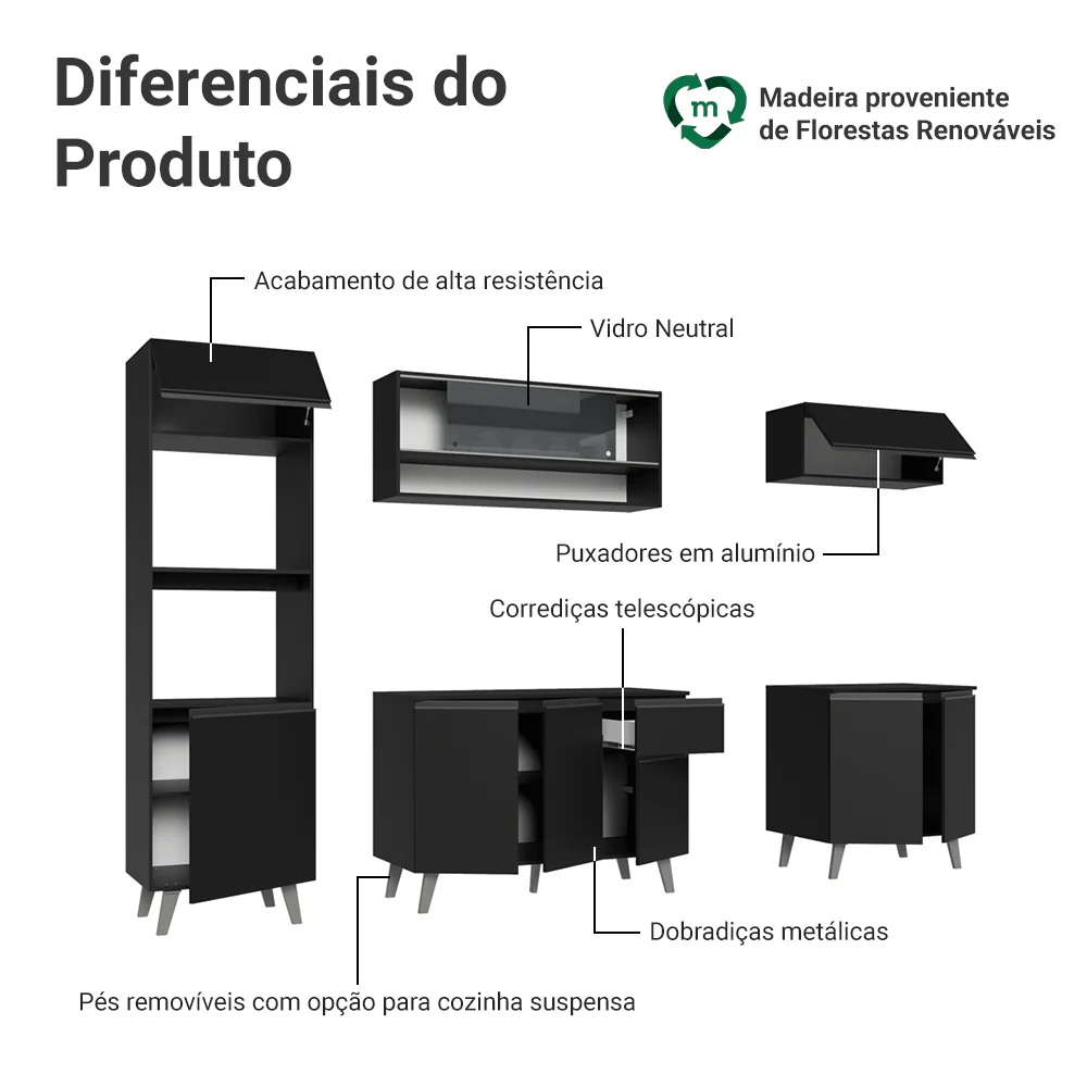 Armário de Cozinha Completa 260 cm Preto Nice Madesa 01 - Image 4