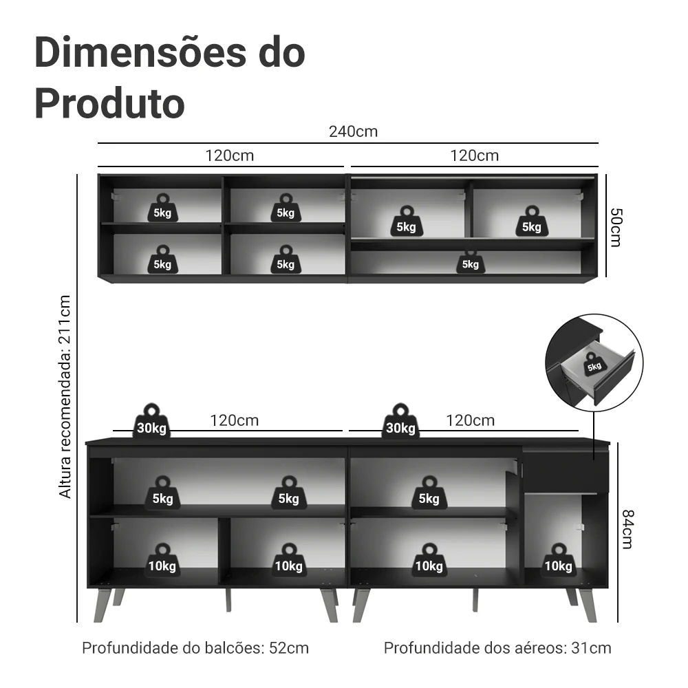 Armário de Cozinha Completa 260 cm Preto Nice Madesa 03 - Image 3