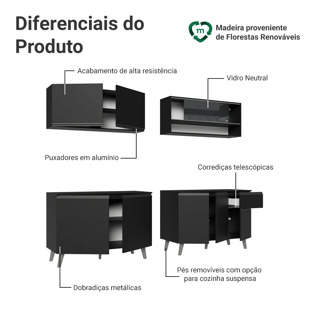 Armário de Cozinha Completa 260 cm Preto Nice Madesa 03 - Image 4