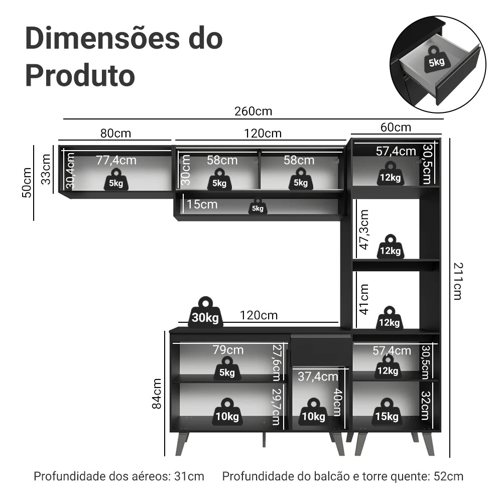 Armário de Cozinha Completa 260 cm Preto Nice Madesa 04 - Image 3