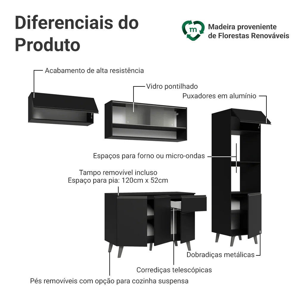 Armário de Cozinha Completa 260 cm Preto Nice Madesa 04 - Image 4