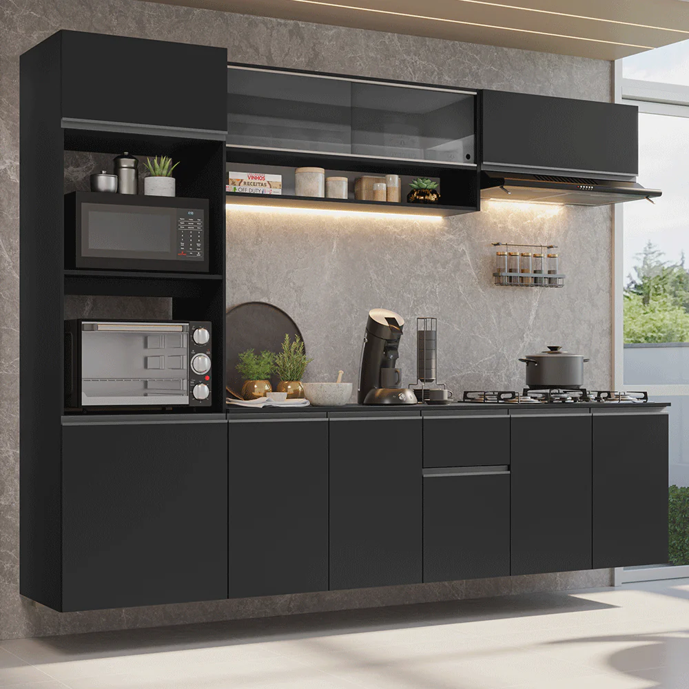 Armário de Cozinha Completa 260 cm Suspenso Preto Nice Madesa 014