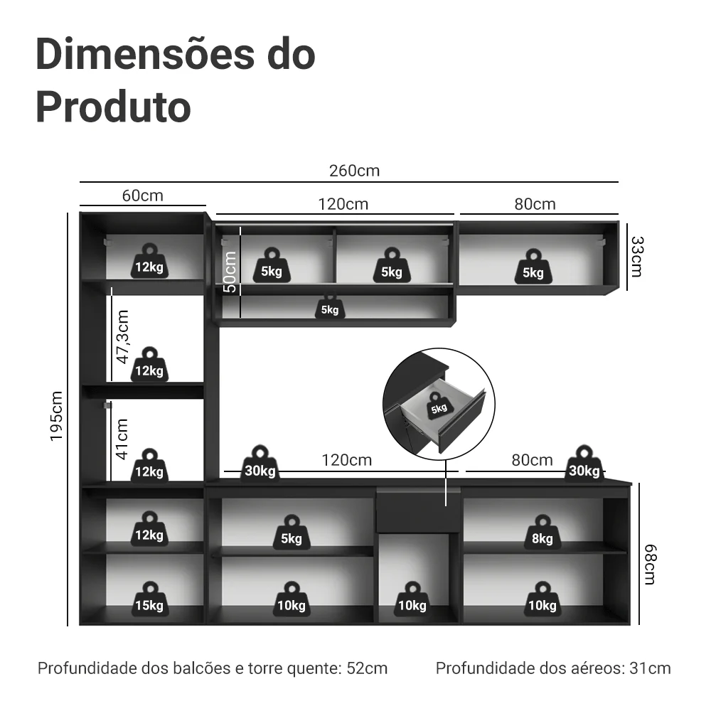 Armário de Cozinha Completa 260 cm Suspenso Preto Nice Madesa 014 - Image 3