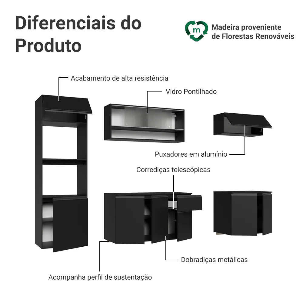 Armário de Cozinha Completa 260 cm Suspenso Preto Nice Madesa 015 - Image 4