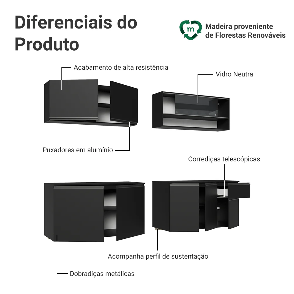 Armário de Cozinha Completa 260 cm Suspenso Preto Nice Madesa 05 - Image 4