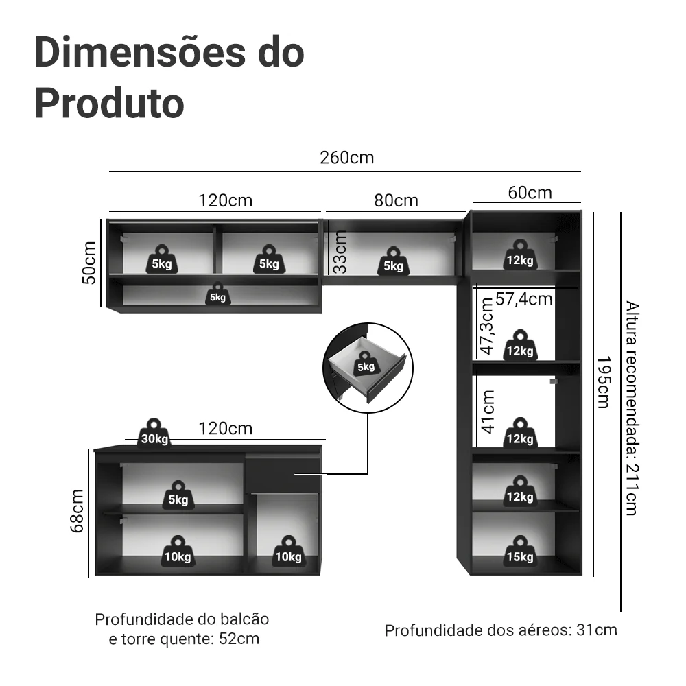 Armário de Cozinha Completa 260 cm Suspenso Preto Nice Madesa 11 - Image 3