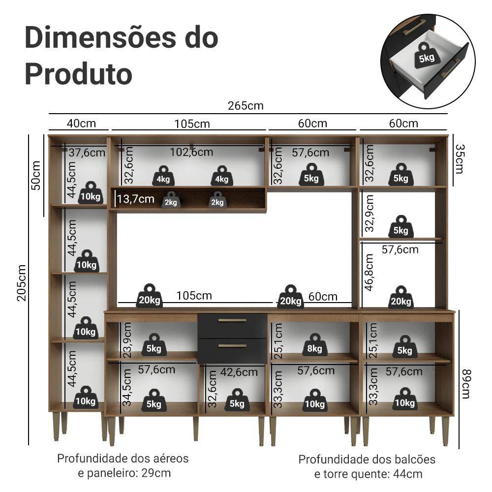 Armário de Cozinha Completa 265 cm Rustic/Preto Lille Madesa 01 - Image 3