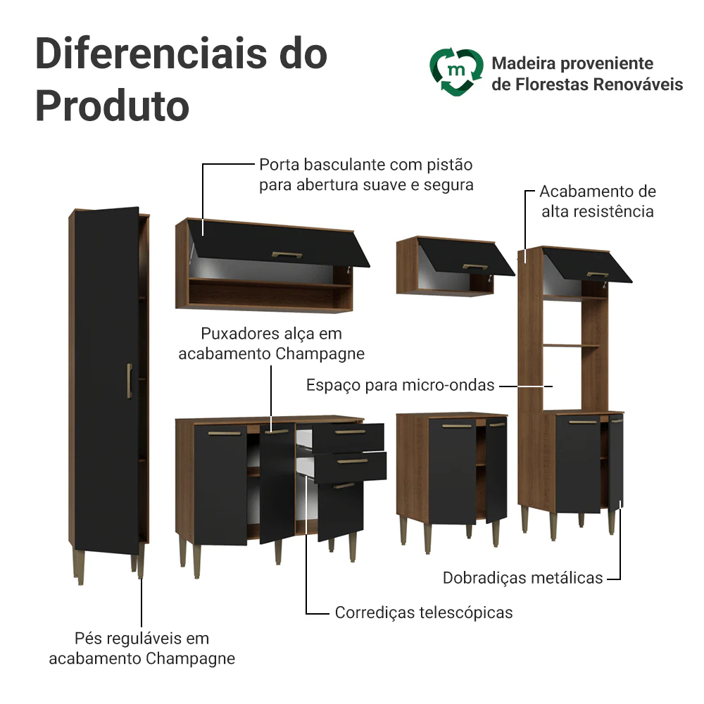 Armário de Cozinha Completa 265 cm Rustic/Preto Lille Madesa 01 - Image 4