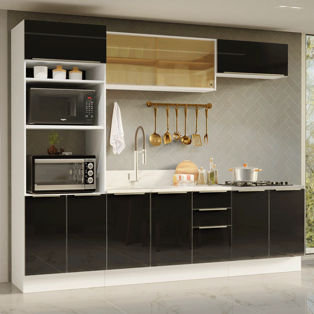 Armário de Cozinha Completa 270 x 60 cm Branco/Preto Lux Madesa 06
