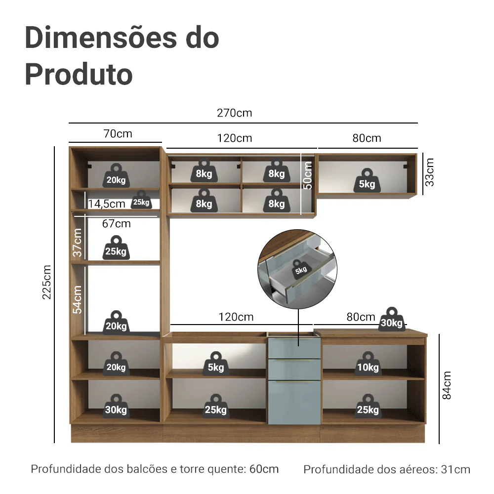 Armário de Cozinha Completa 270 x 60 cm Rustic/Cinza Lux Madesa 06 - Image 3