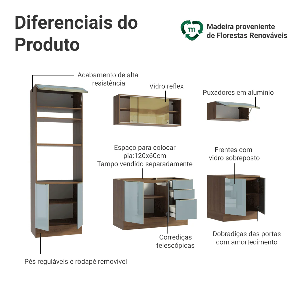Armário de Cozinha Completa 270 x 60 cm Rustic/Cinza Lux Madesa 06 - Image 4