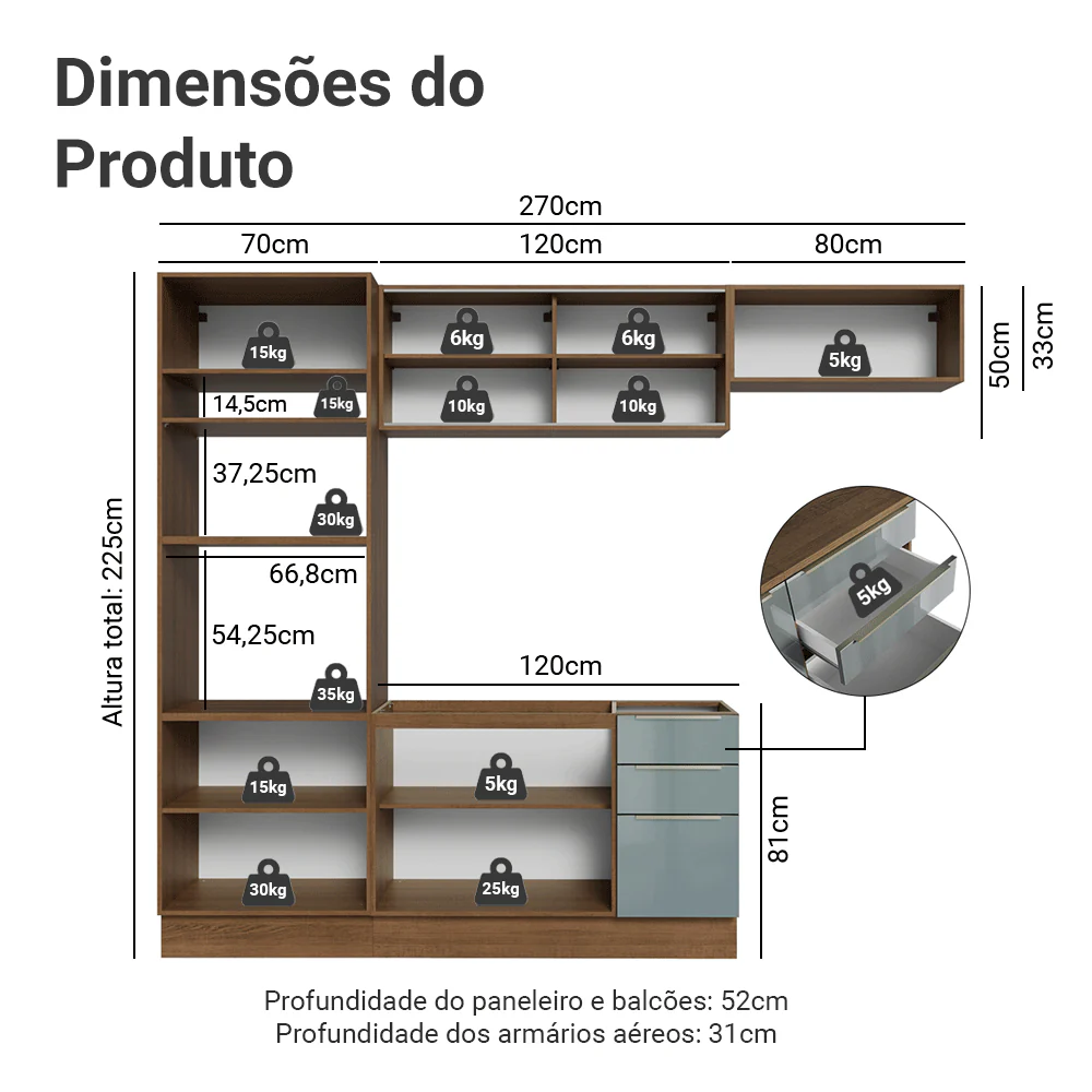 Armário de Cozinha Completa 270 cm Rustic/Cinza Lux Madesa 07 - Image 3