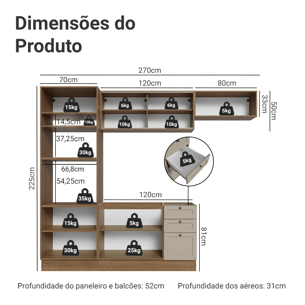 Armário de Cozinha Completa 270 cm Rustic/Crema Vik Madesa 04 - Image 3