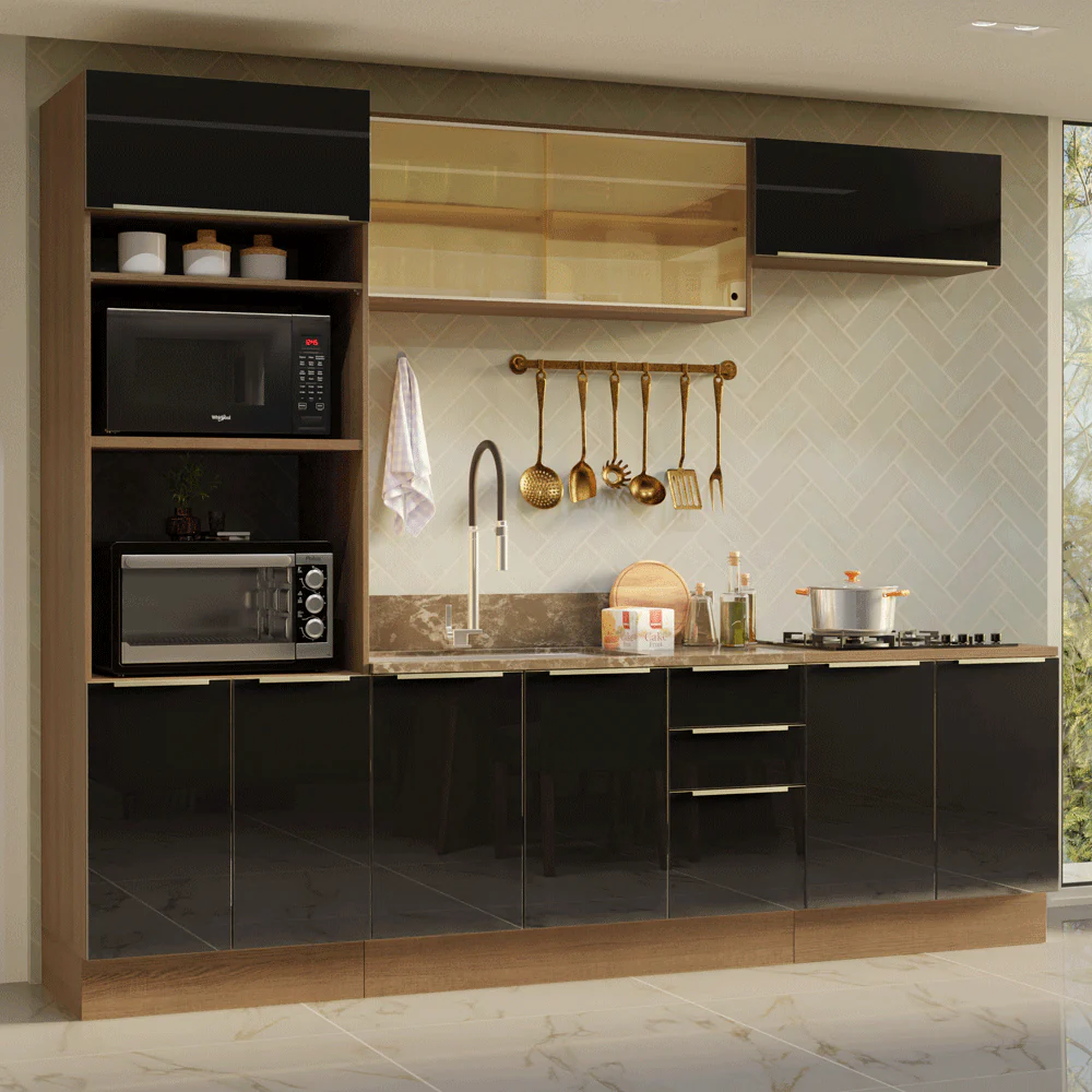 Armário de Cozinha Completa 270 x 60 cm Rustic/Preto Lux Madesa 06