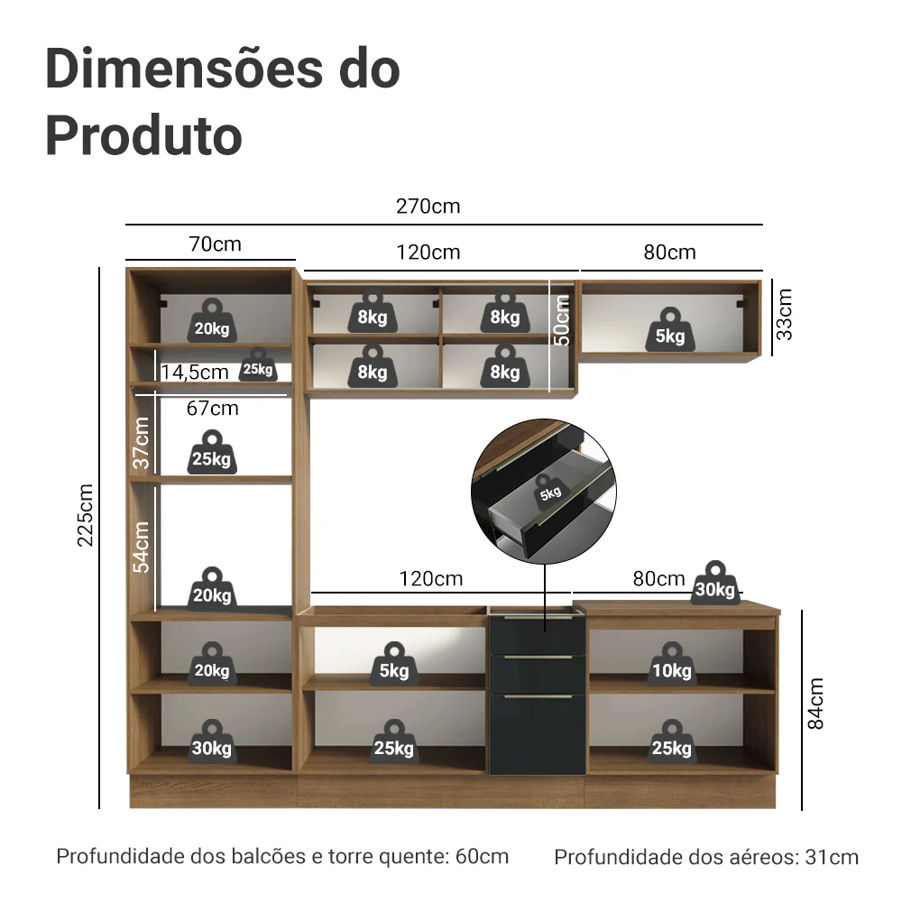 Armário de Cozinha Completa 270 x 60 cm Rustic/Preto Lux Madesa 06 - Image 3