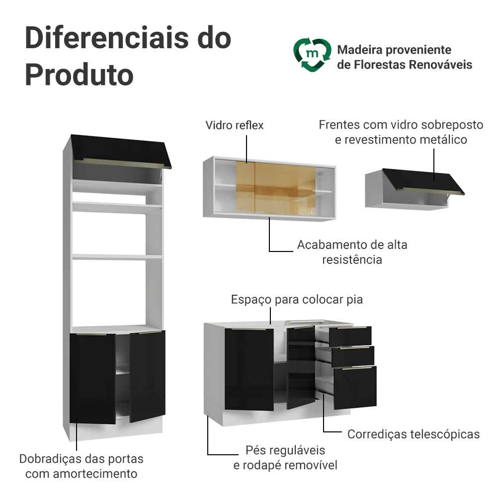Armário de Cozinha Completa 270 x 60 cm Branco/Preto Lux Madesa 08 - Image 4