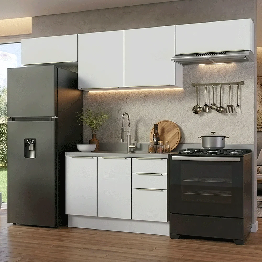Armário de Cozinha Completa 280 x 60 cm Branco/Branco Veludo Lux Madesa 02