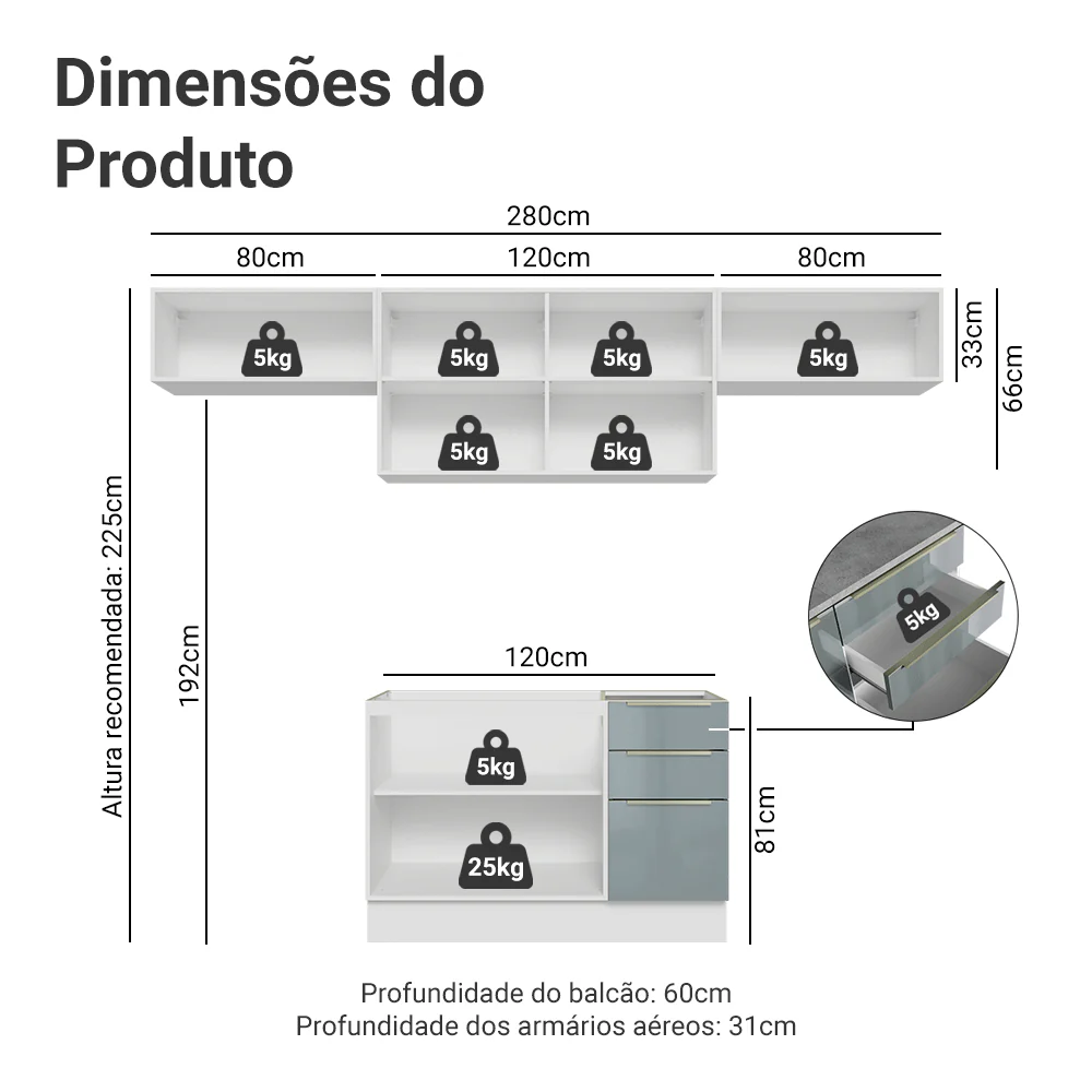 Armário de Cozinha Completa 280 x 60 cm Branco/Cinza Lux Madesa 02 - Image 3