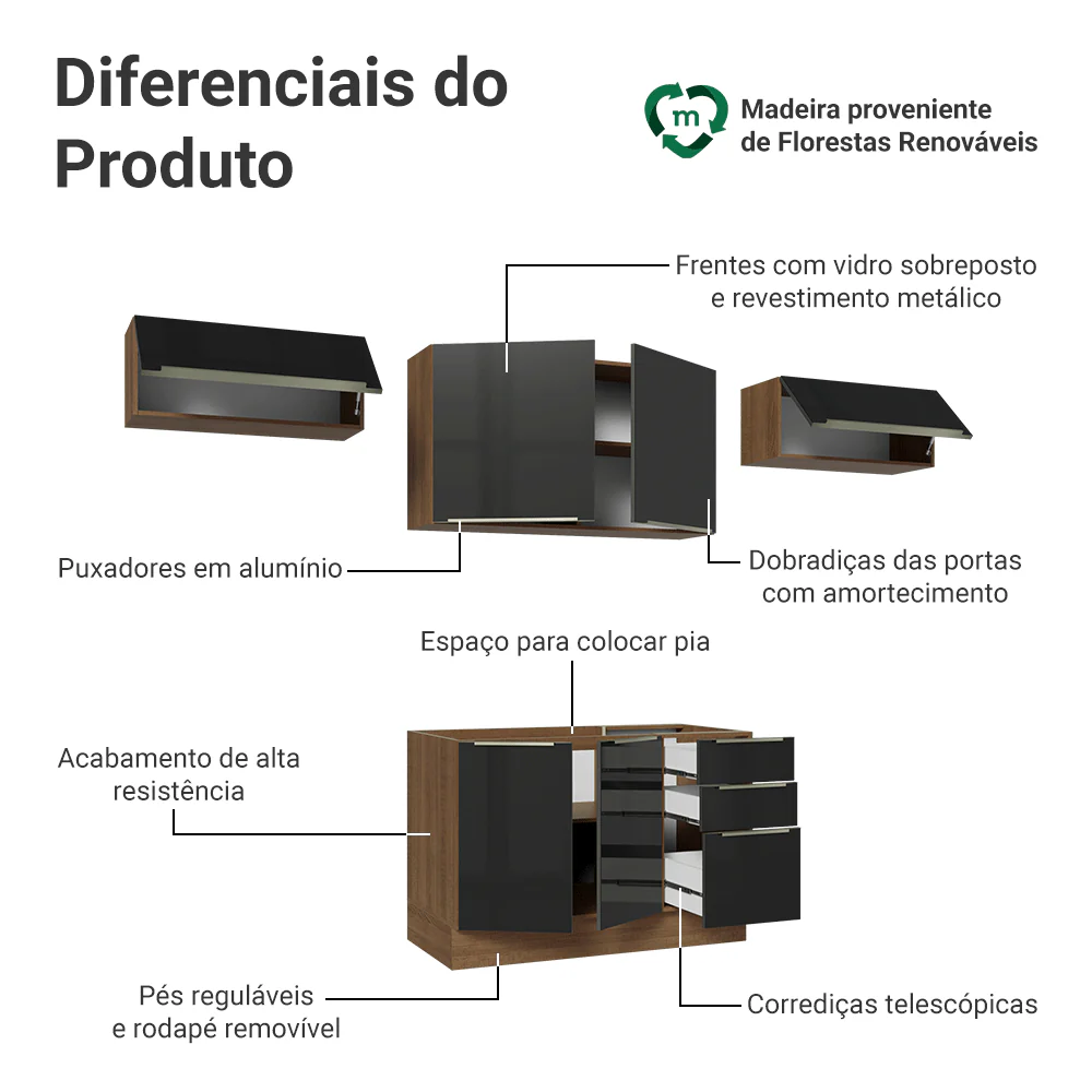 Armário de Cozinha Completa 280 x 60 cm Rustic/Preto Lux Madesa 02 - Image 4